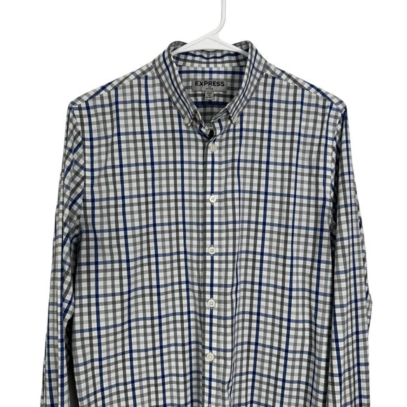 Express Mens Slim Fitted Plaid Button-Up Shirt S 14-14.5" Long Sleeve Blue/Gray - Picture 8 of 10